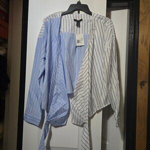 Forever 21 Women's Striped Blue & White Wrap Around Tie Cinched Waist Blouse XL